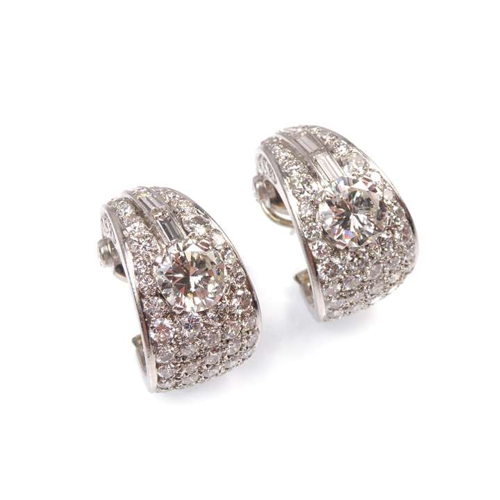 Pair of Art Deco pave set diamond tapering hoop earrings